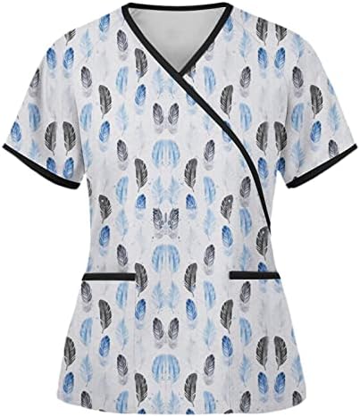Женски летни чистачи_ -топови Симпатична графичка печатена блуза V вратот Краток ракав работна облека 2023 Обични туники