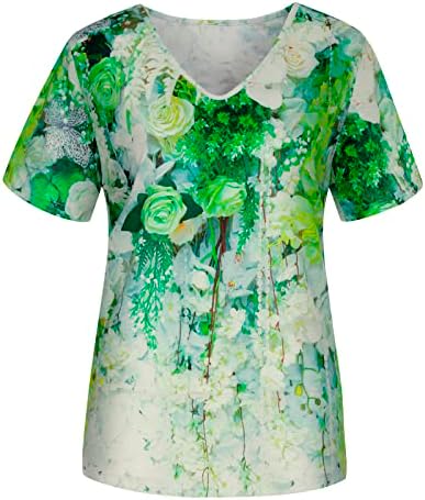 Есенска летна блуза маичка за девојчиња облека моден краток ракав против вратот памук цветни графички лабави вклопни врвни врвни W6 W6