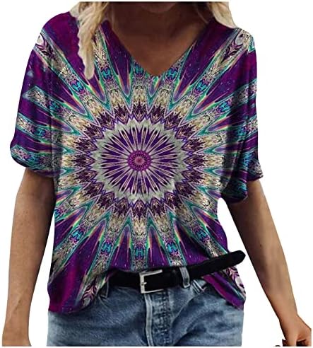 Девојки кошула со кратки ракави екипа со кратки ракави длабоко V вратот памук цветна графичка лабава вклопена cyberpunk Топ маица