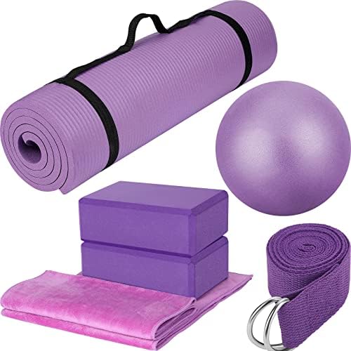 Junkin 7 парчиња јога стартер комплет јога мат сет вклучуваат јога душеци со лента за носење, 2 јога блокови, јога топка со воздушна пумпа,