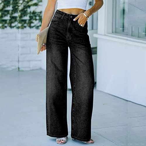 Jeanан карго панталони за жени мода обична цврста боја широка нога гроздобер фармерки за слабеење на тексас
