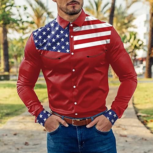 XXBR машки обични кошули, копче надолу по американското знаме шарени долги ракави формални класични улични модни кошула за работа