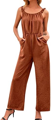 Форвели женски летен каиш со џебови со џебови Еластична половината широка нога обична ромаперска игра 2023 облека за одмор