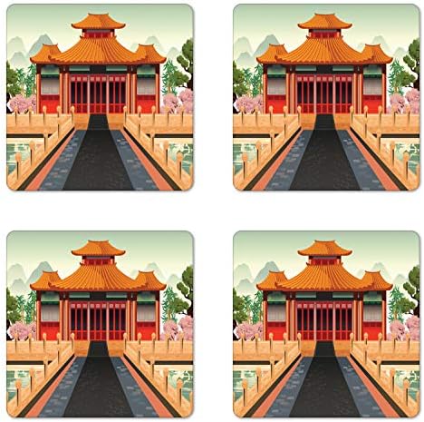 Амбесон Гроздобер Кина Подлога Од 4, Кинеска Илустрација На Зграда Во Живи Бои Пејзаж И Розови Азиски Растенија, Квадратни