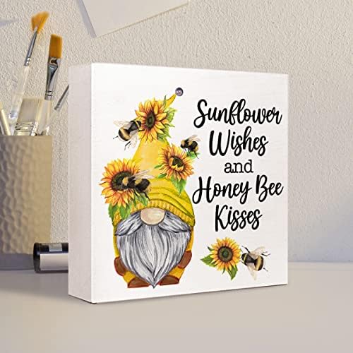 Сончоглед желби и мед пчели бакнежи дрвена плакета знак декор, рустикален цветен гном дрвен блок знак за биро за декории за летна домашна дневна соба канцеларија г?