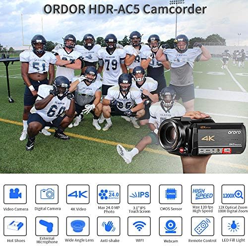 Ордро 4K видео камера камера HDR-AC5 VLOG камера 12x Оптички леќи 3.1 '' IPS Ultra HD 1080P 60FPS дигитален рекордер за дигитални фотоапарати WiFi Camcorders со микрофон широк агол леќи и рачен