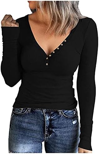 Кошули со долги ракави за женски копчиња V вратот блуза со цврста боја пулвер, џемпери, тенок вклопна кошула, обична блуза врвна врвна