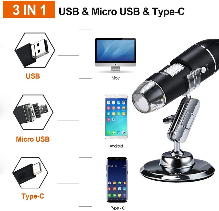 ●Надградба на USB Микроскоп Дигитален Микроскоп 0 - 1600x Микроскоп За Зголемување На Камерата Пренослив Рачен Микроскоп со 8 Светла, Метален