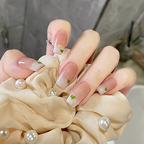 Зелено срце Прес на нокти со средна должина-валентини ден лажни нокти целосен лепак за покривање на нокти со дизајн градиент