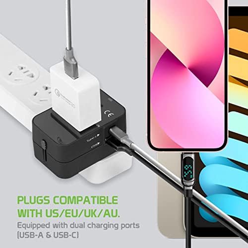 Travel USB Plus Меѓународен адаптер за напојување компатибилен со Samsung Galaxy Mega 2 за светска моќ за 3 уреди USB Typec, USB-A