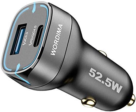 USB C Car Charger, Wordima 52.5W 2 Порта Брз полнач за автомобили PD20W/PD30W/PPS30 & QC3.0 18W/SCP22.5W Адаптер за автомобили,