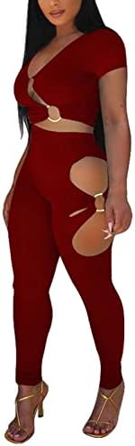 Womenените секси облеки со две парчиња ребрестиот ребрести исечени V вратот долги и кратки ракави култури на каросериски панталони поставува потта