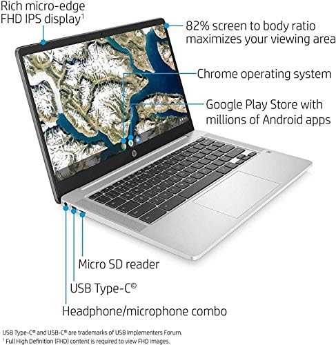 HP Chromebook 14-Инчен FHD Лаптоп, Интел Celeron N4000, 4GB RAM МЕМОРИЈА, 64gb Складирање, WiFi, Веб Камера, Bluetooth, USB-C, B&засилувач;