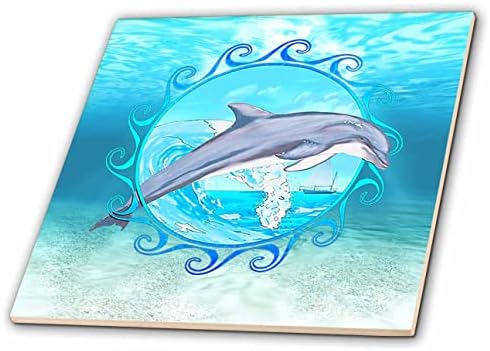 3дроза Подводен делфин скокање преку синиот племенски маорски сончев знак. - Плочки