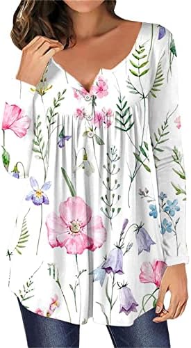 Пролетни врвови за жени трендовски работа женски моден моден врв на долги ракави, случајно копче за печатење со долги ракави врвни