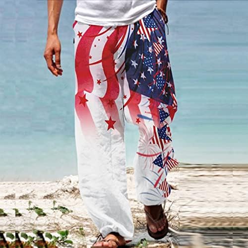 Менски обични постелнини панталони Денот на американската независност 3Д печатено лабаво вклопување еластично влечење на половината летна плажа
