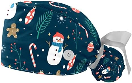 Медицински капачиња за жени со копчиња долга коса, 2 парчиња прилагодливо работно капаче, Божиќни снежни луѓе