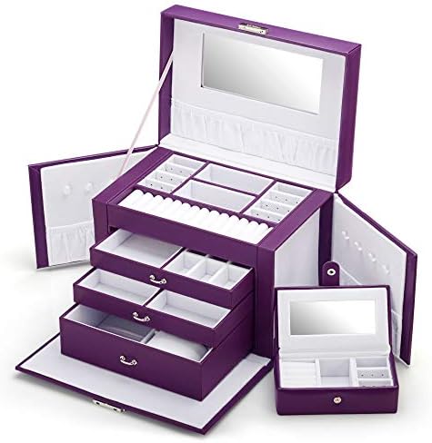 Кендал Кожа Накит Кутија За Жени-Елегантен Кадифе Виолетова Накит Складирање Накит Организатор Со Патување Случај И Заклучување