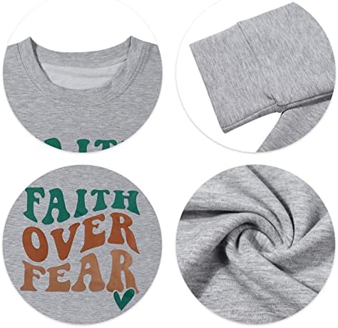 Womenените вера над стравот Пуловер Христијанско писмо Инспиративно графичко џемпери екипаж на екипаж со долги ракави за пад на маичките за екипаж