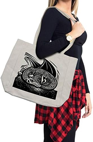 Торба за купување на змејот Амбесон, засенчена кожа змеј завиткан под илустрација на дигитална скица со долги крилја, еколошка торба