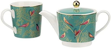 Сара Милер Лондон Портмеирион Челси чај за еден | 12 мл зелена чајничка, чаша и сет на чинија | Направено од фино порцелан со златни детали | Само миење на рацете