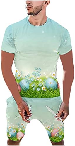 Машка летна маица со краток ракав за кратки ракави Среќни Велигденски маички и шорцеви поставуваат кошули за печатење на вратот врвови