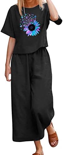 Подделни сетови за жени 2 парчиња летни обични панталони и кошули поставуваат кратки ракави удобни лабави цврсти комплети на глуварче