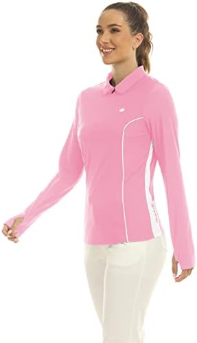 Mofiz женски патент голф кошули со долг ракав Брз сув поло маици UPF50+ атлетски тенис врвот со дупки со палецот