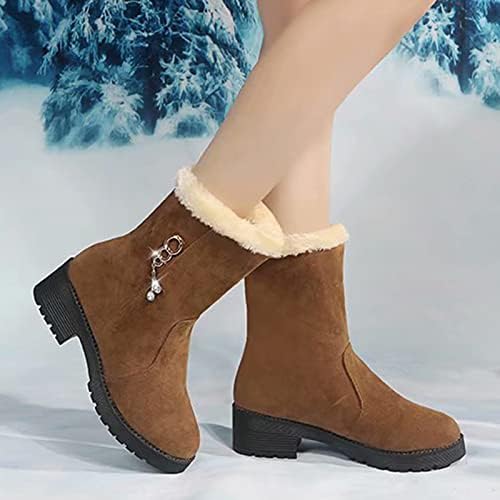 Womenените чизми за глуждот руно се поставуваат зимски топло снег чевли мода од носач, бујна средна потпетица, тркалезни поти за возење