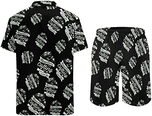Планините ги повикуваат мажите 2 парчиња хавајски постави копче-надолу кошули со кратки ракави, панталони за плажа лабаво вклопни