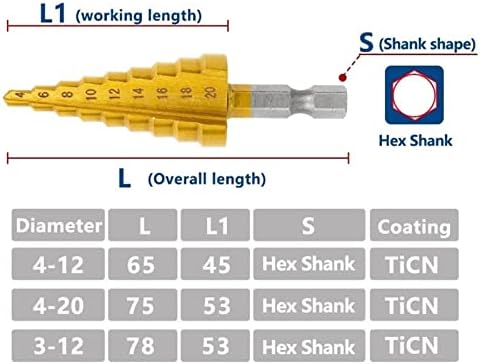 Yuzzi Step Cone Drible Bit 3-12/4-12/4-20мм дупка обложена дрвена метал зачекори вежба права дупчење бит