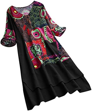 Женски плус големина памучни постелнина фустани гроздобер печатен етнички стил лето макси максимален резервоар фустан V вратот страничен отвор