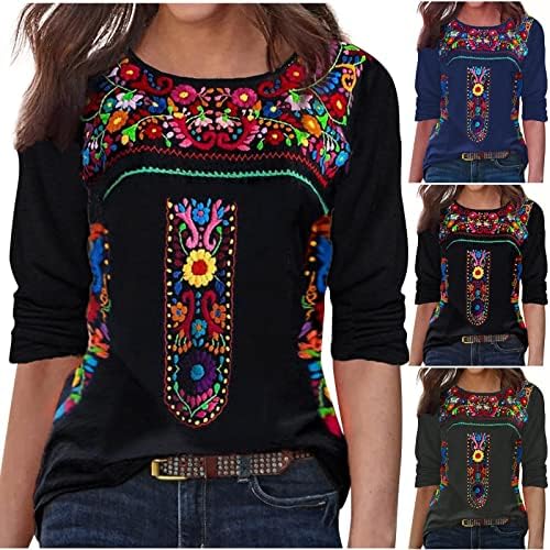 Мексикански везени врвови за жени племенски боемски селански кошула со долги ракави ласкави обични туники блузи