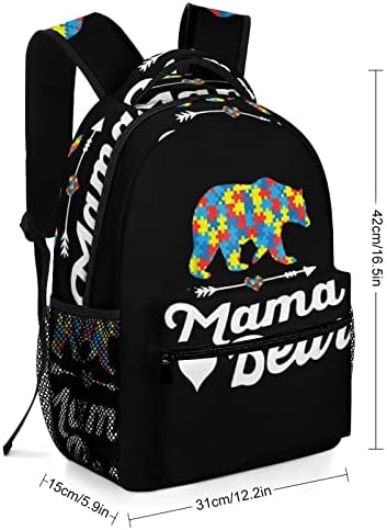 Мама мечка за подигнување на свеста за аутизмот, ранец за рамо за рамената, мала тежина, мулти-џебна дневна пакет за училишна
