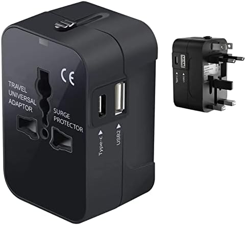 Travel USB Plus Меѓународен адаптер за напојување компатибилен со LG K20 Plus за светска моќ за 3 уреди USB Typec, USB-A за
