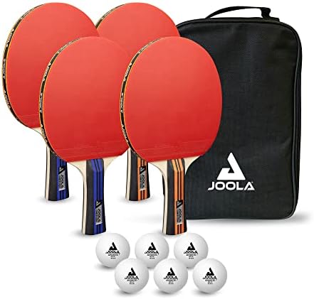Сет на лопатка за напредни табели на Joola - Вклучува 4 лопатки за пинг -понг, 6 3 -starвездени пинг -понг топки и носење кутија