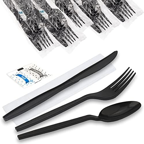 [250 пакет] Индивидуално завиткани прибор - Под -пакувани бели пластични прибор за јадење со лажица за еднократна употреба, вилушка, нож,