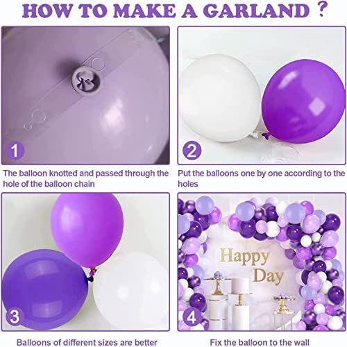 Виолетова бела балони гарланд комплет, 100 парчиња пурпурни балони лак со лента од 16 метри лента и лепак за девојчиња за девојче,