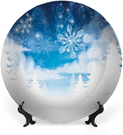Плоча за керамички приказ на лигутари, зимска керамичка висечка декоративна чинија, елки за елки со снегулки и starsвезди нови, 8 инчи, керамичка