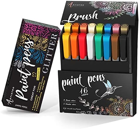 Artistro 16 пенкала за боја на четка и 12 маркери за боја на сјајни сјајни екстра фино врв, пакет за рок сликарство, дрво, ткаенина, картичка,