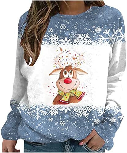 Божиќна снегулка џемпер жени Симпатична кошула за печатење ирваси за печатење Божиќ плус големина Раглан со долг ракав за празник на врвови на