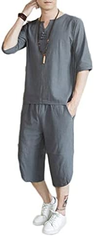 Кошули кинески стил летни машки маица со кратки ракави со кратки ракави, обични панталони за плажа, дво-ракав со врат со врат