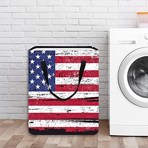 Ретро американско знаме Патриотска корпа за перење алишта за складирање со рачки за Хампер, детска соба, складирање на играчки