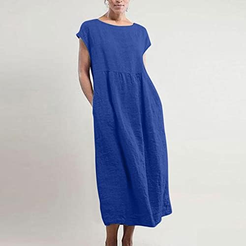Qiguandz плус големина женски памучен постелнина плетенка а-линија фустан летен обичен трендовски тркалезен врат кратки ракави маички фустани