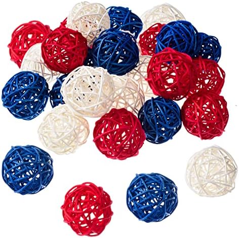 24 парчиња 4 -ти јули starвезда Ратан топки Декорација 2,36 инчи црвено бела сина starвезда во форма на плетени топки за патриотска независност Ден DIY вазна сад за полнење у
