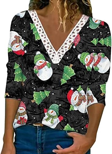 Божиќна маичка за женски V врат, долга ракав, смешен симпатичен снежен графички туничен врвови, лабава обична фустана пулвер блуза
