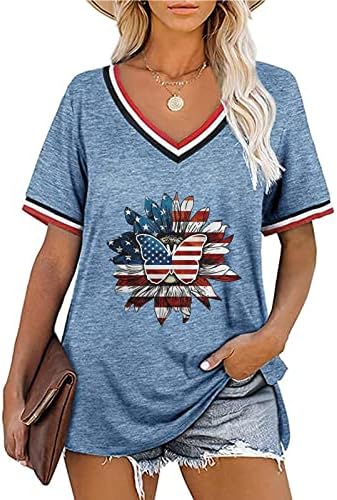 Тинејџерски бренд бренд со кратки ракави блузи маички против вратот спандекс пеперутка САД знаме маргаритка со цветно опуштено вклопување