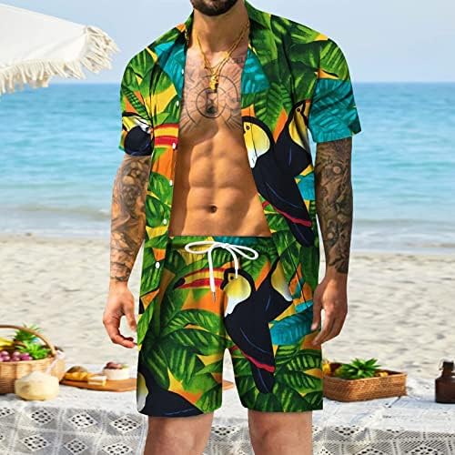 2 парчиња за текови на парчиња облека за мажи се протегаат тропска хавајска кошула и кратки комплети 3Д печати хаваи мускулни маички