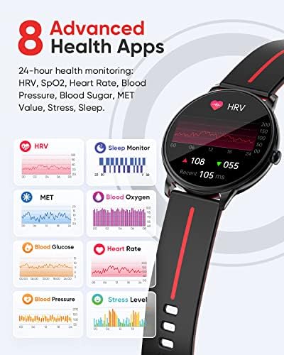 Hystorm Health Smart Watch 1.43 AMOLED секогаш-на приказ Фитнес тракер часовник со Bluetooth повик, 8 здравствени апликации
