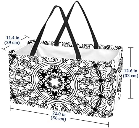 Кошар за еднократно шопинг црно -бела мандала преносна преклопна пикник намирници кеси за перење алишта за торба за торбичка за